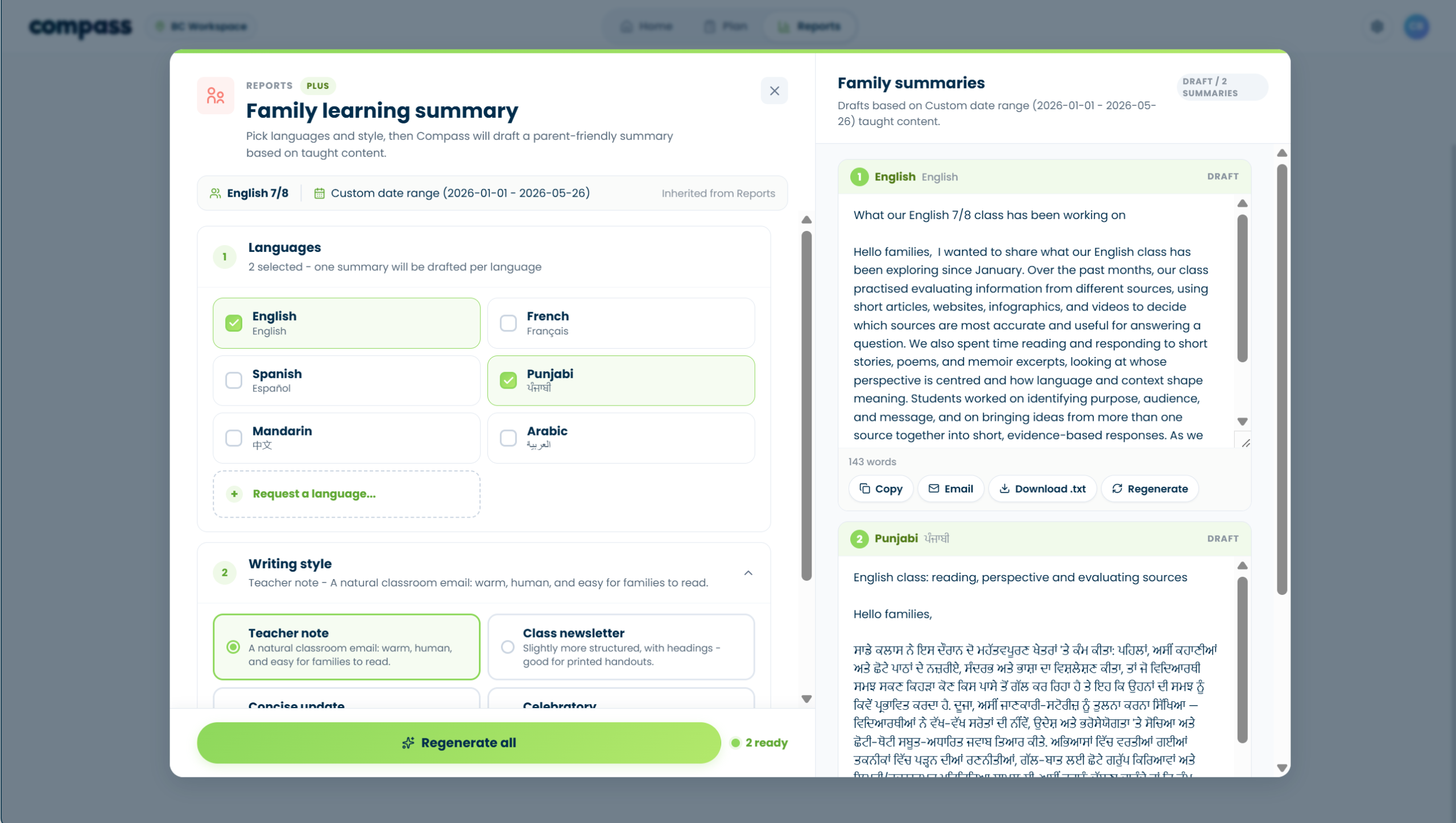 Compass Family Learning Summary report preview