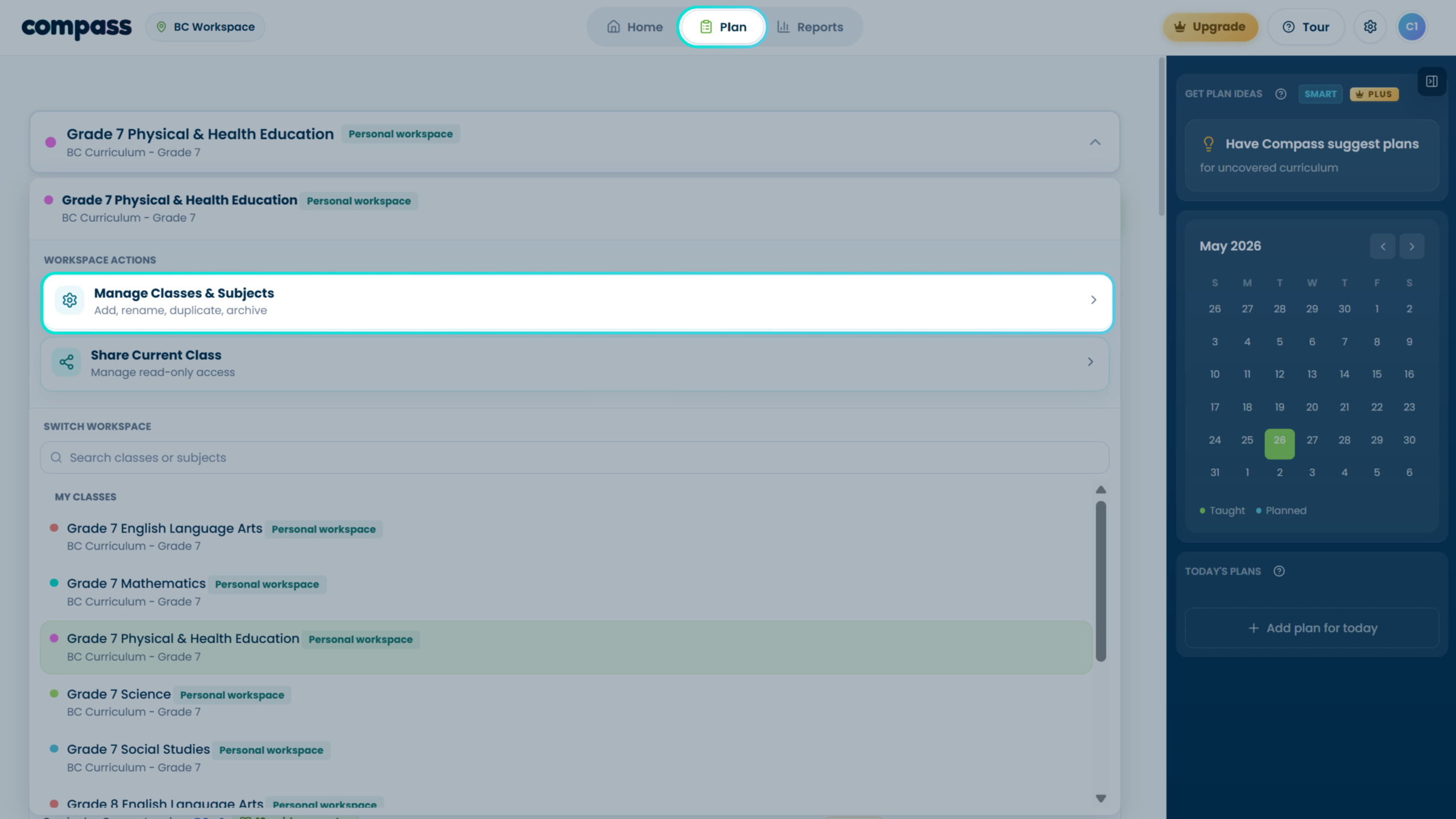 Compass Manage Classes and Subjects screen
