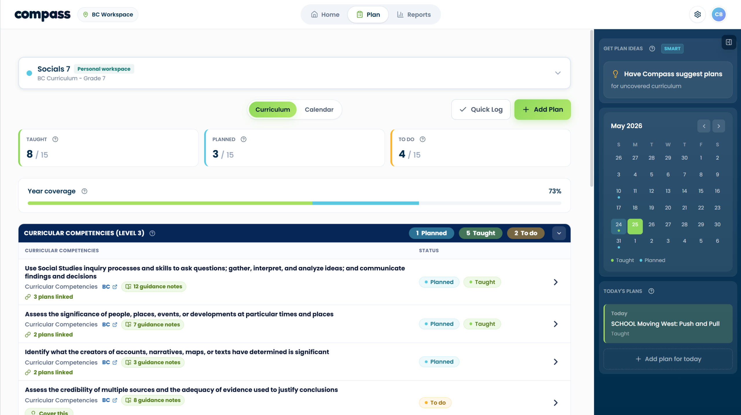 Compass Plan workspace showing To Do, Planned, and Taught statuses