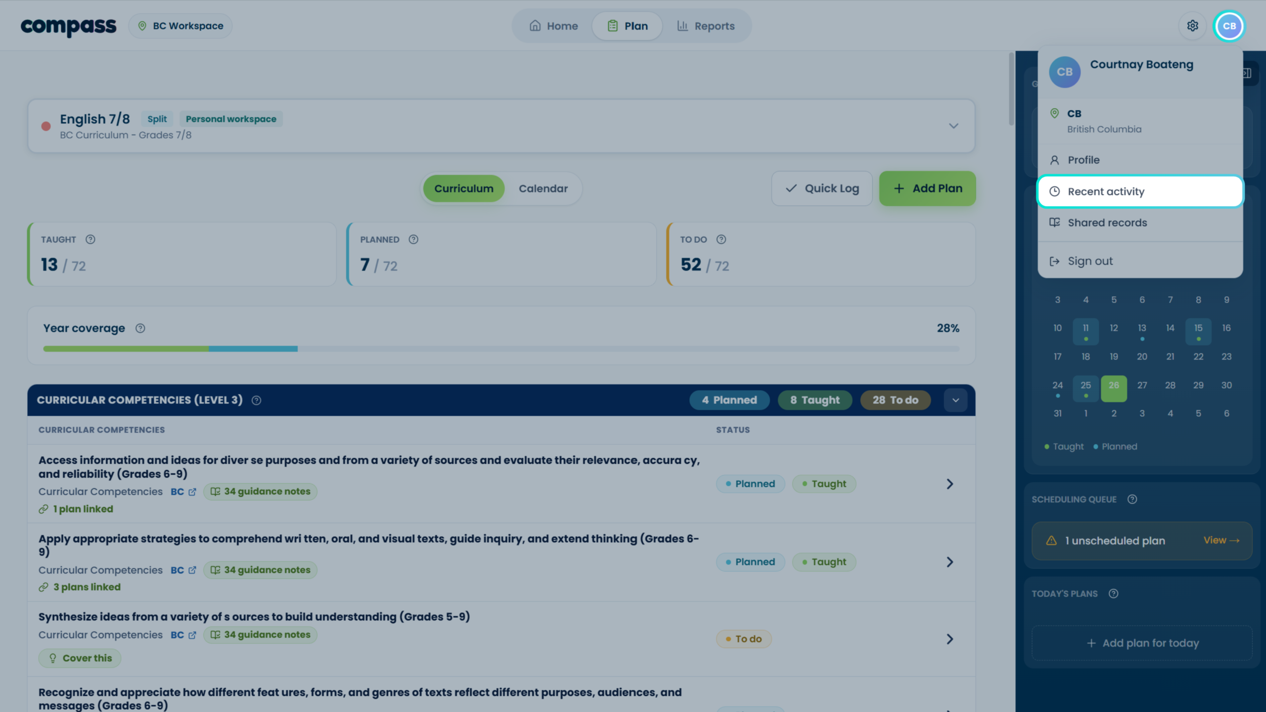 Compass Recent Activity screen