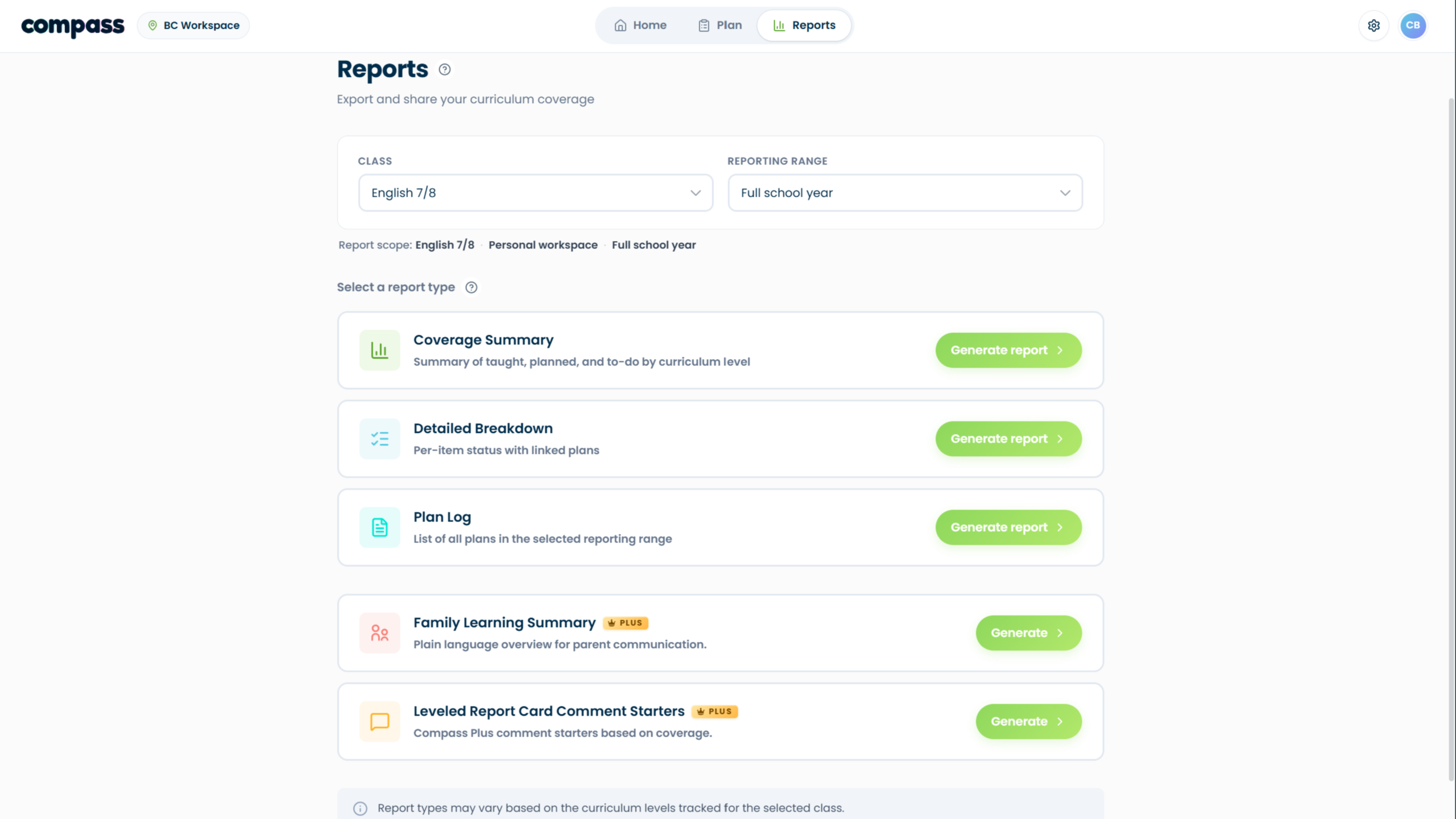 Compass Reports page showing available report types
