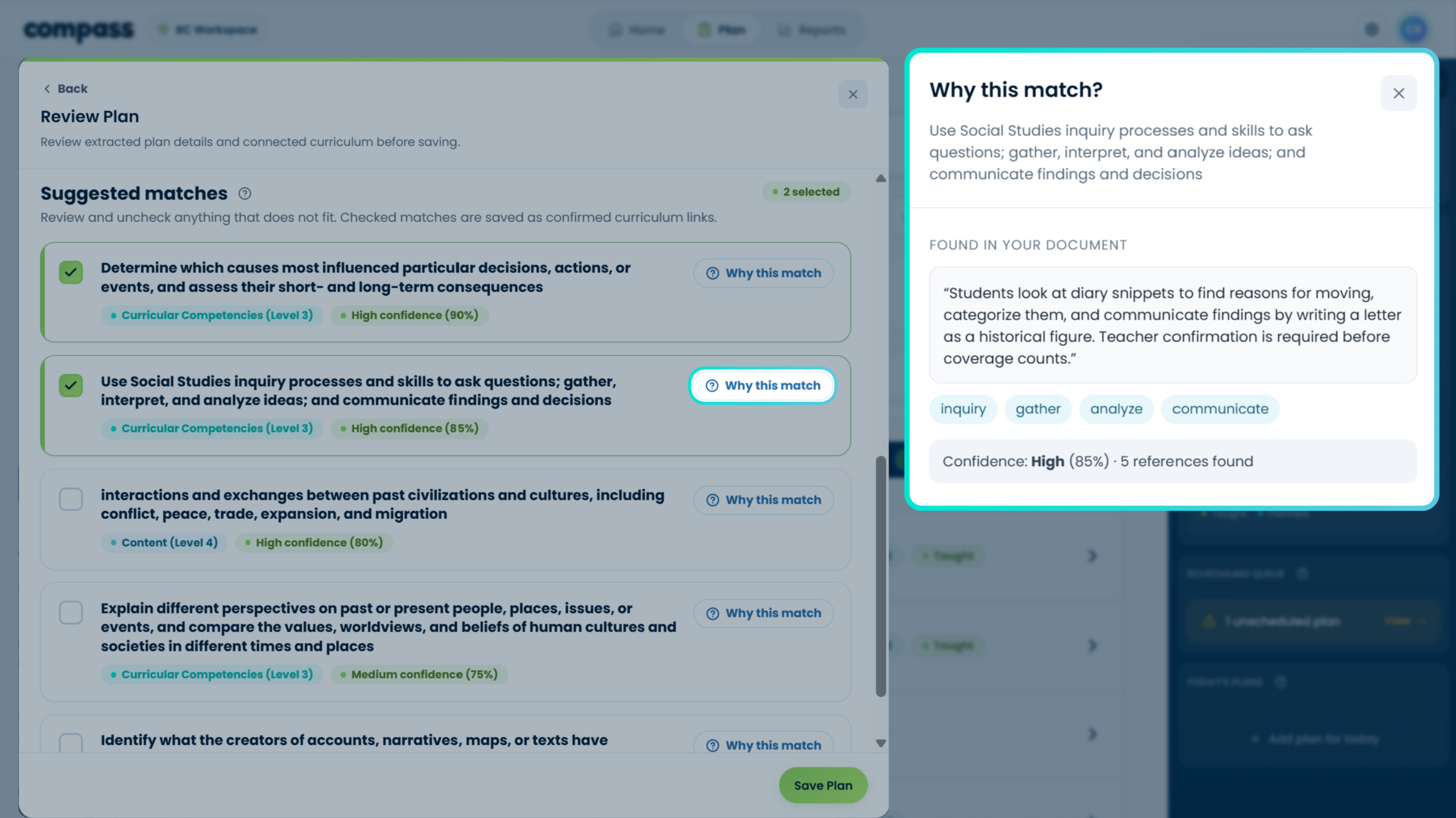 Compass Smart Scan match explanation showing why a curriculum item was suggested