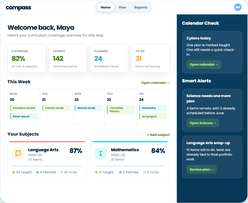 Compass homeschool curriculum-coverage dashboard