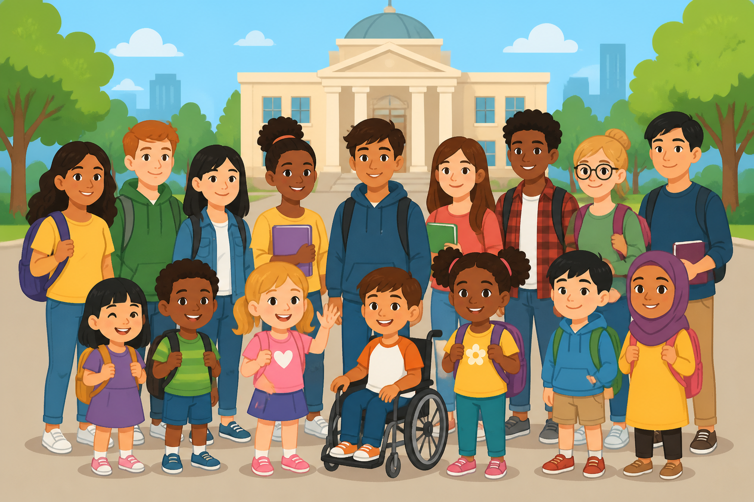 A diverse group of students, from young children to teens, in front of a school. One child uses a wheelchair and one teen wears a hijab.
