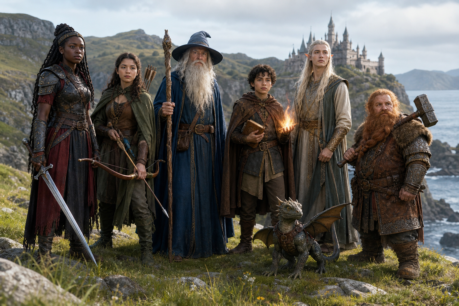 A photorealistic fantasy party with a Black warrior, an archer, a wizard, a young mage, an elf, a dwarf, and a small dragon.