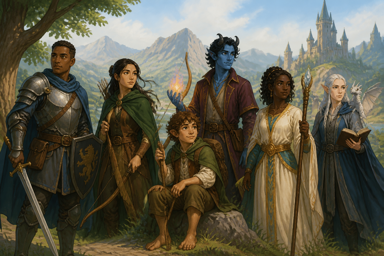 An illustrated fantasy party including a knight, a ranger, a blue-skinned character, a healer, and an elf, with a castle behind them.