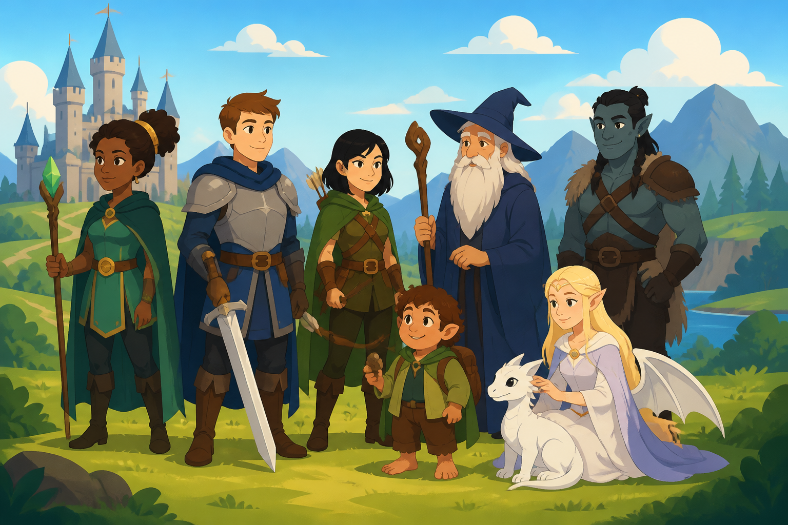 A cartoon fantasy group with a mage, a knight, a ranger, a wizard, a halfling, a half-orc, and an elf holding a small white dragon.