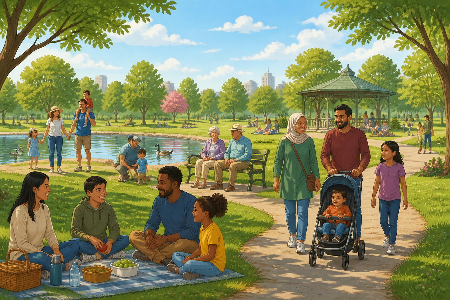 An illustrated park where families of different backgrounds picnic and walk, including grandparents, a family with a stroller, and a parent wearing a hijab.