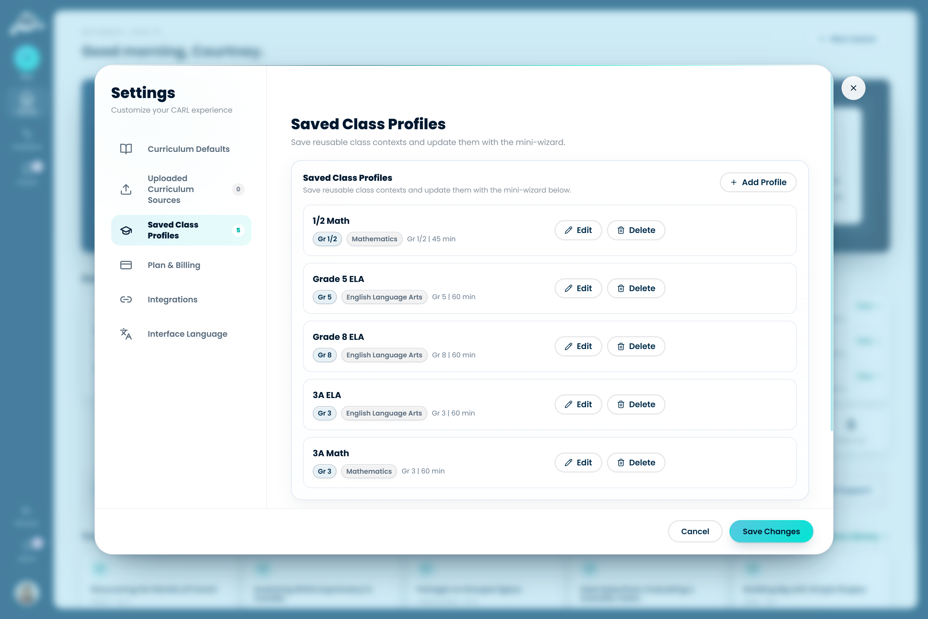 The CARL Saved Class Profiles screen: reusable class contexts saved by grade, subject, and lesson length, each editable