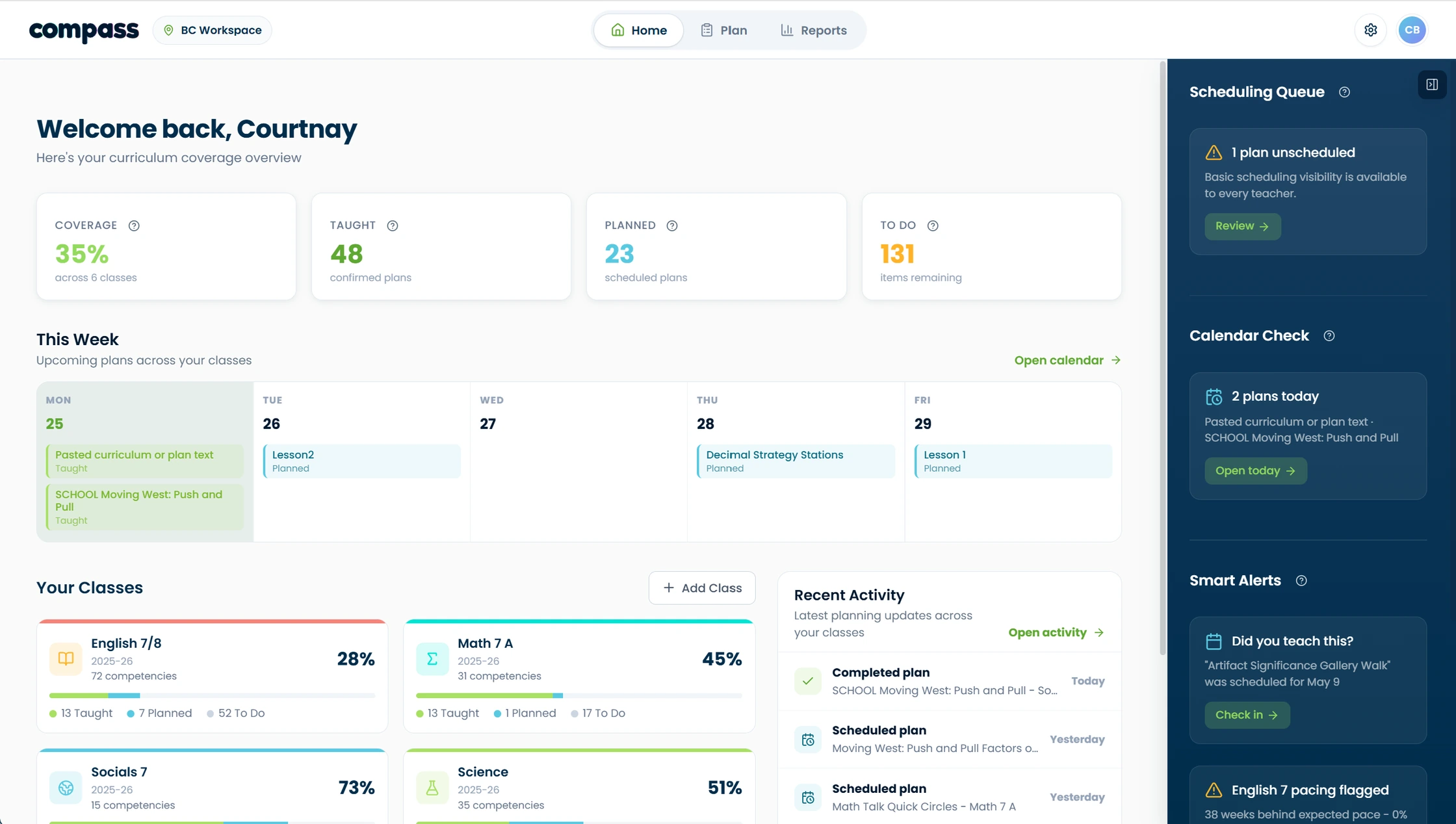 The Compass dashboard: a coverage overview with taught, planned, and to-do counts, a weekly plan strip, and per-class coverage bars