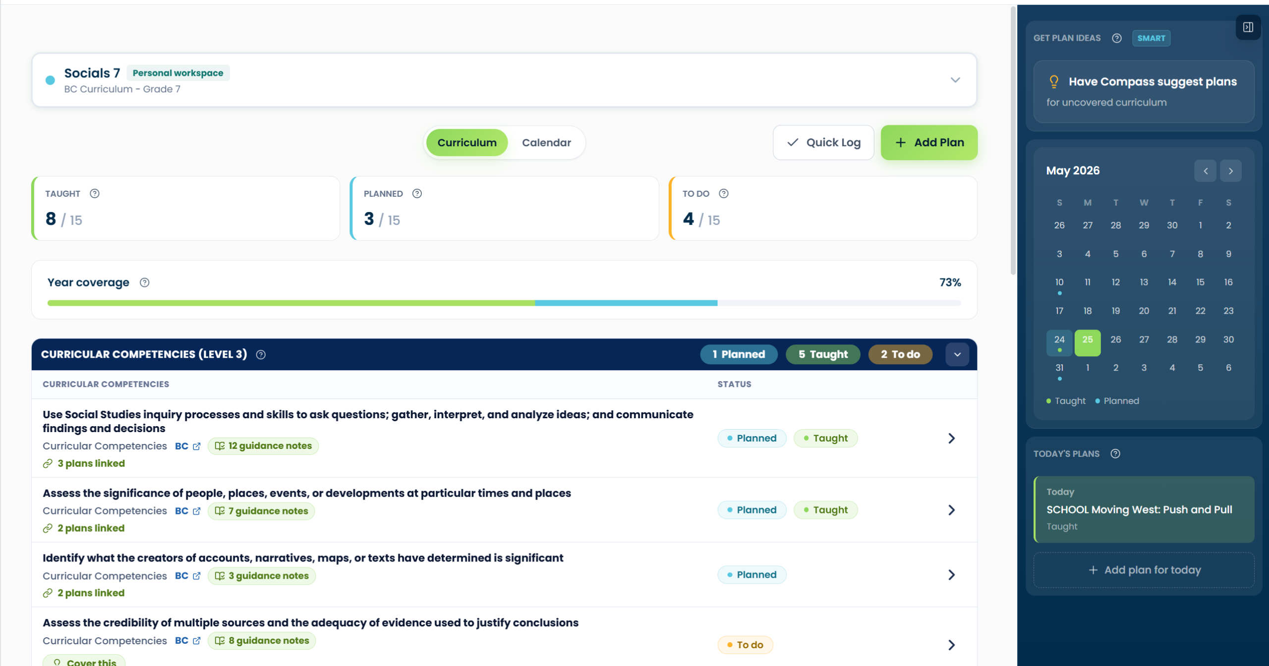 A Compass class view: each curriculum competency marked taught, planned, or to-do, with the year’s coverage bar, guidance notes, and the plans linked to each item
