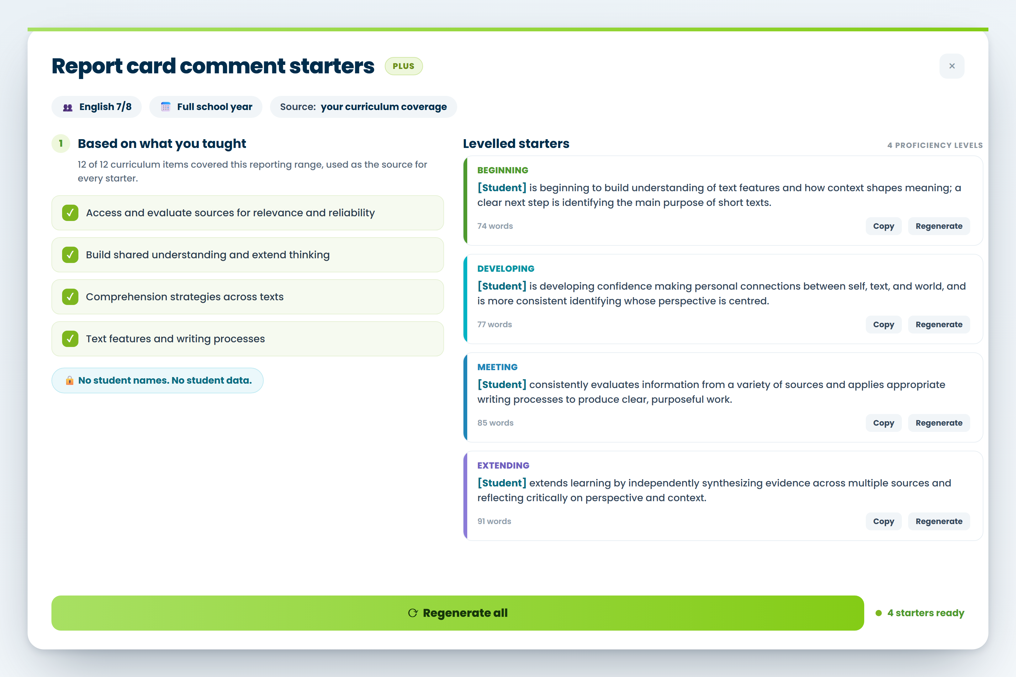 The Compass report-card comment-starters screen: the curriculum you taught this reporting range on the left as the source, and levelled comment starters on the right at four proficiency levels, each written with a Student placeholder, no student names or student data anywhere
