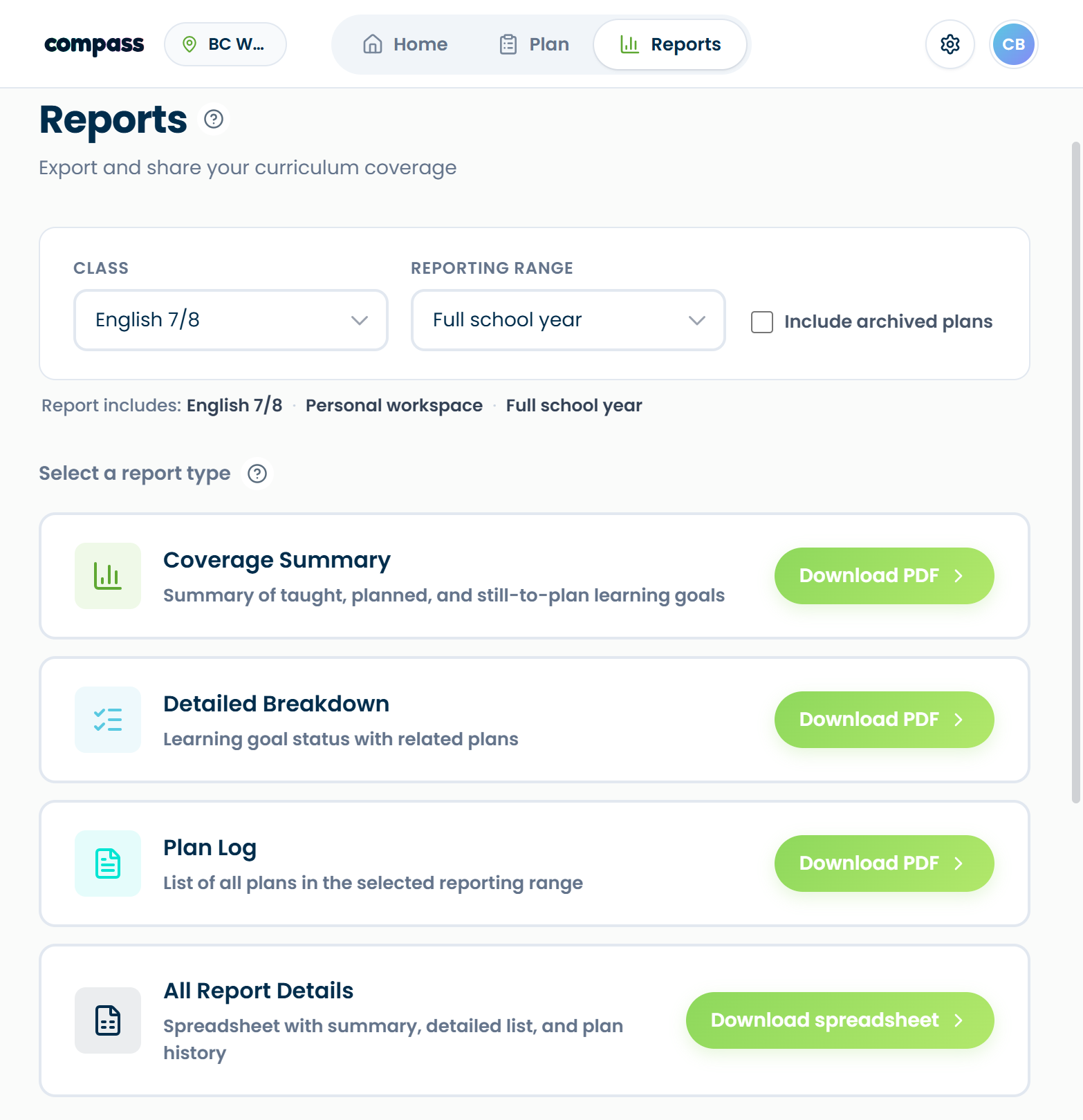 The Compass reports screen: coverage summary, detailed breakdown, plan log, and editable report-card comment starters, generated for a chosen class and reporting range