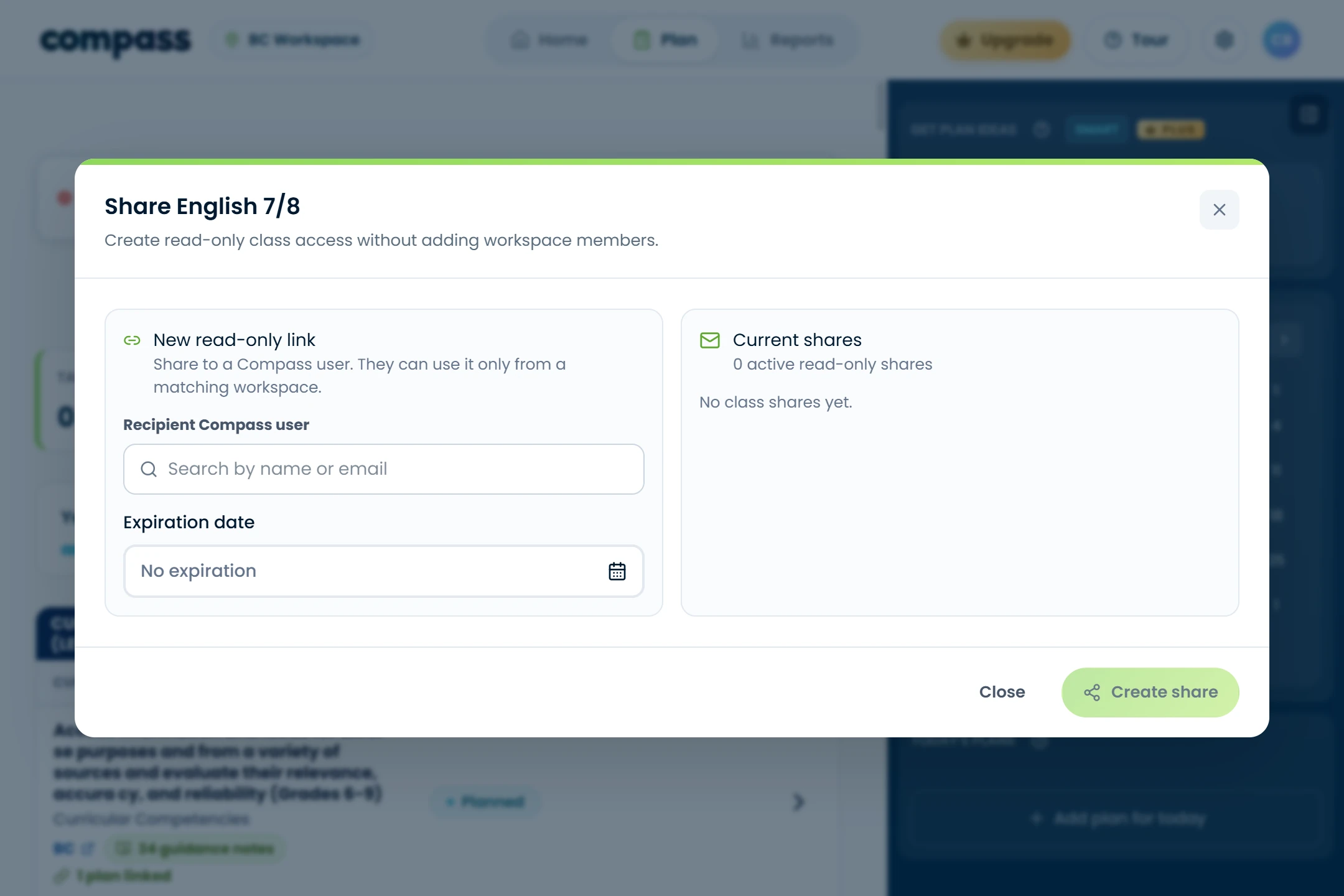 The Compass share dialog: create read-only class access for a substitute, set an expiration date, no workspace seat required