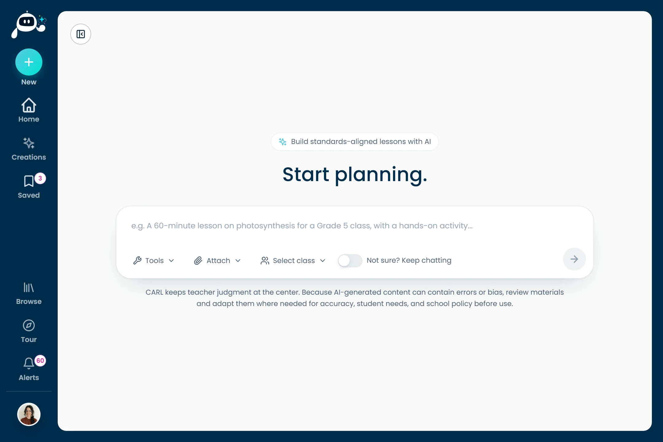 CARL's create screen: a Start planning prompt where you type a topic or attach a document