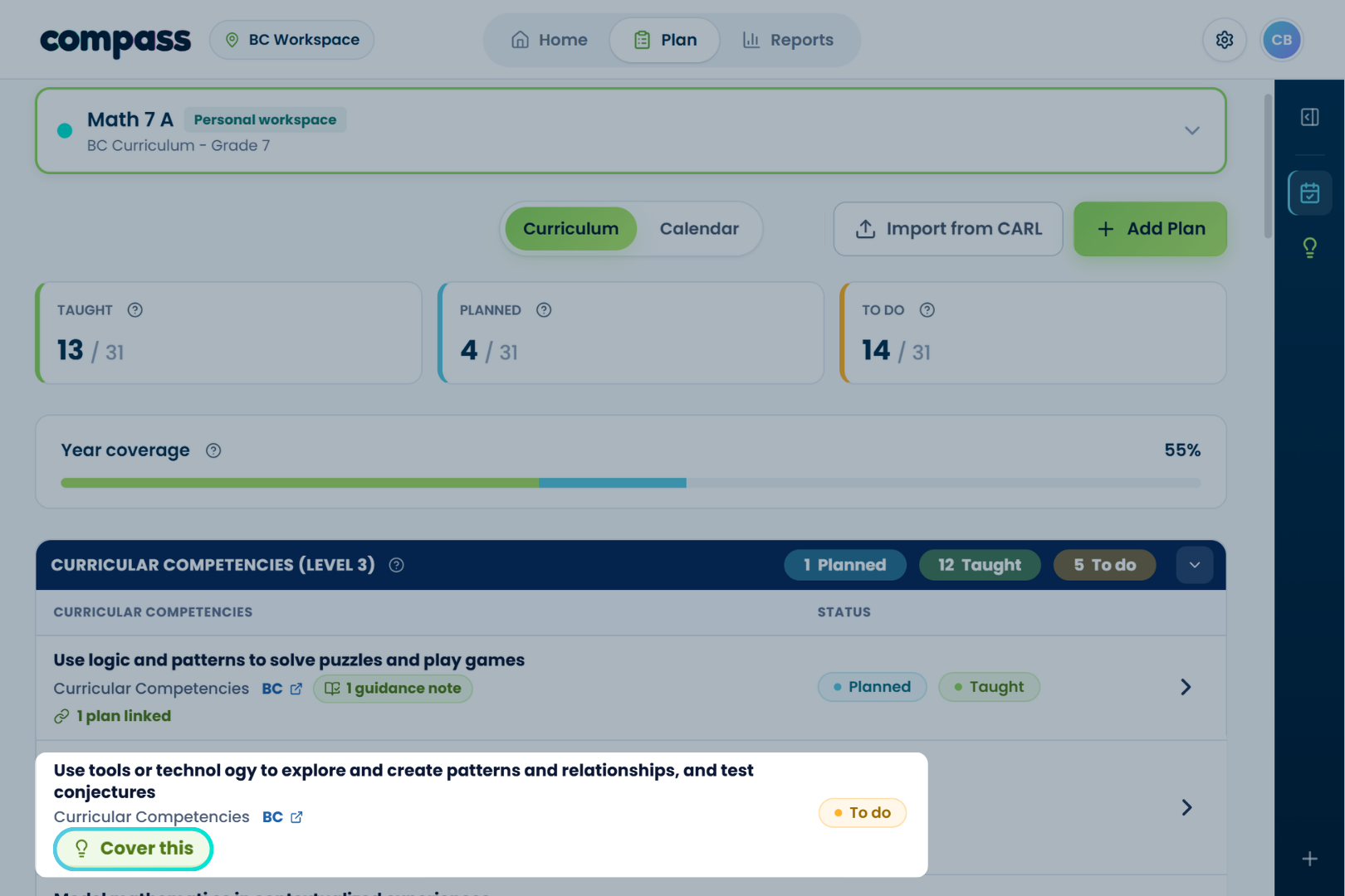 The Compass Plan view with a to-do curriculum item and its Cover this button highlighted