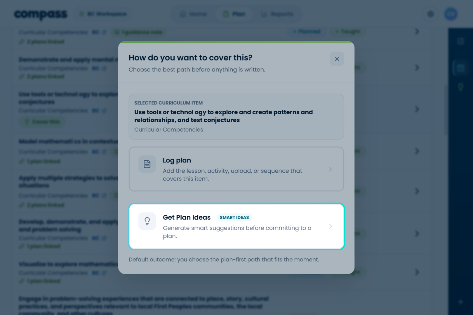 Compass asking how to cover a curriculum item, with Get Plan Ideas highlighted
