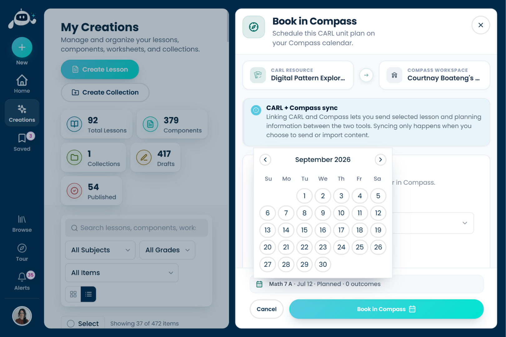 CARL's Book in Compass dialog with a calendar date picker for scheduling a unit plan