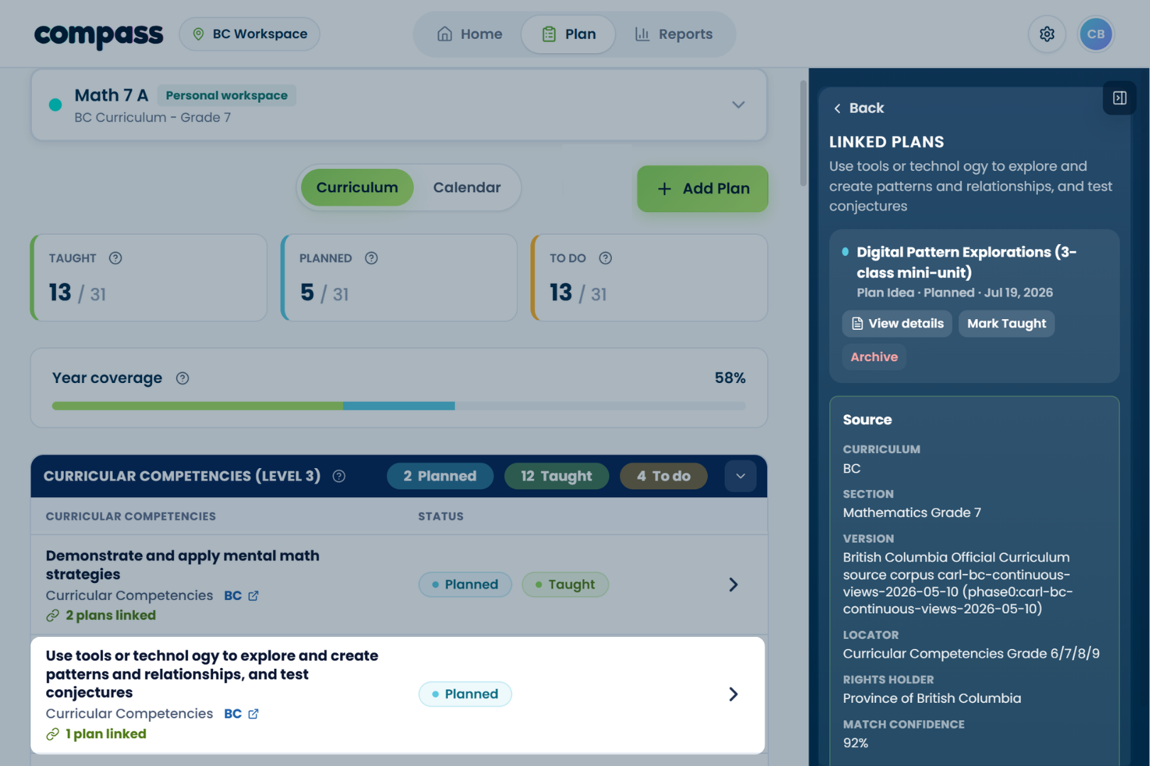 Compass showing the curriculum item as planned with the linked lesson and Mark Taught in the sidebar