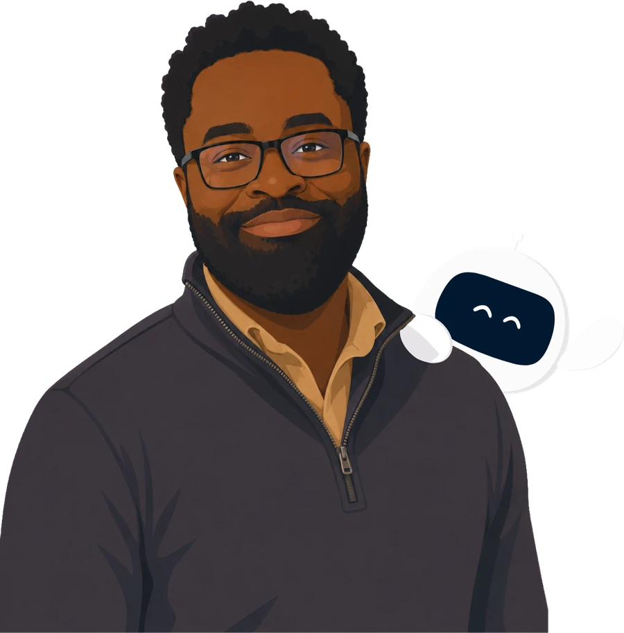 Illustration of Samuel Boateng with the CARL mascot