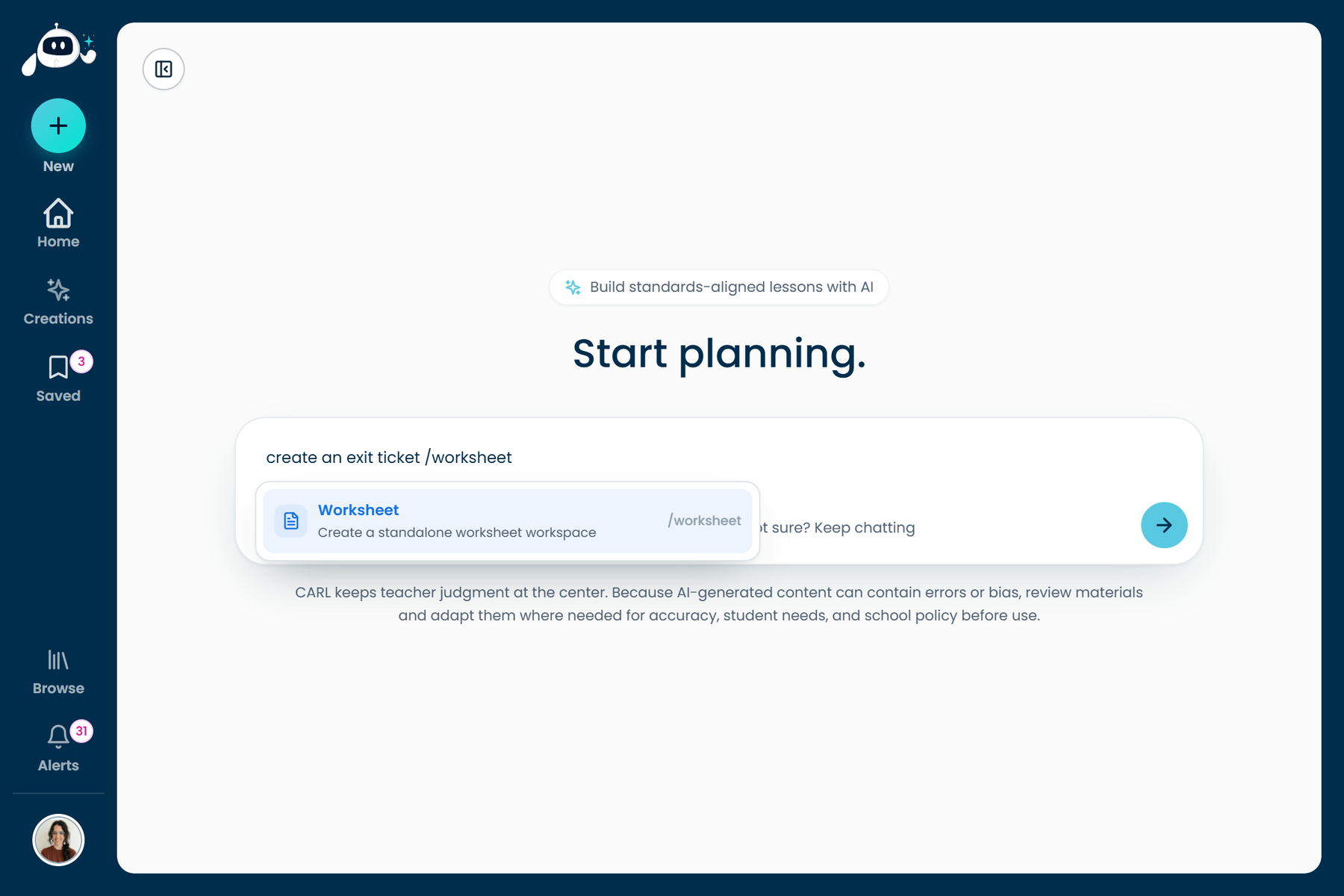 The /worksheet command opening a standalone worksheet workspace in CARL