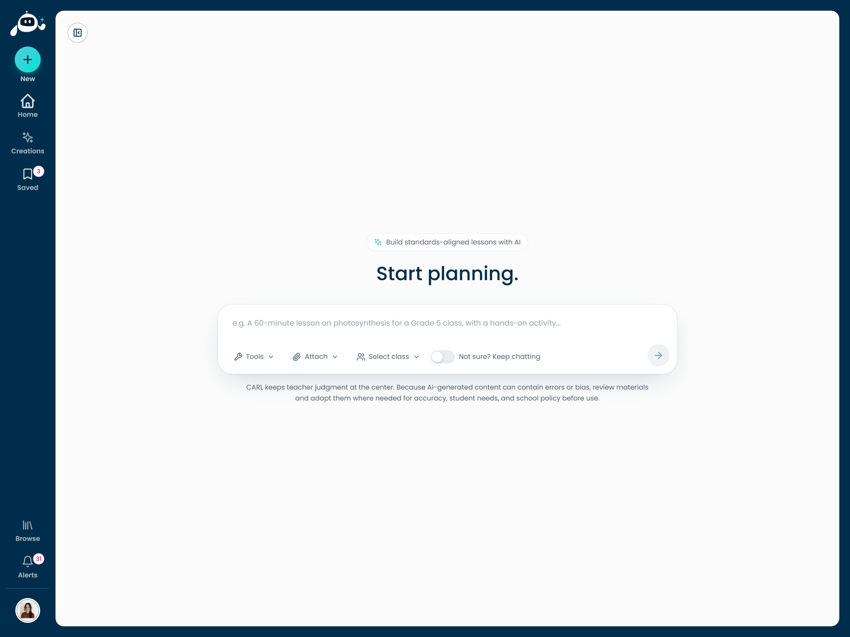 Starting a new lesson in CARL, the Start planning screen