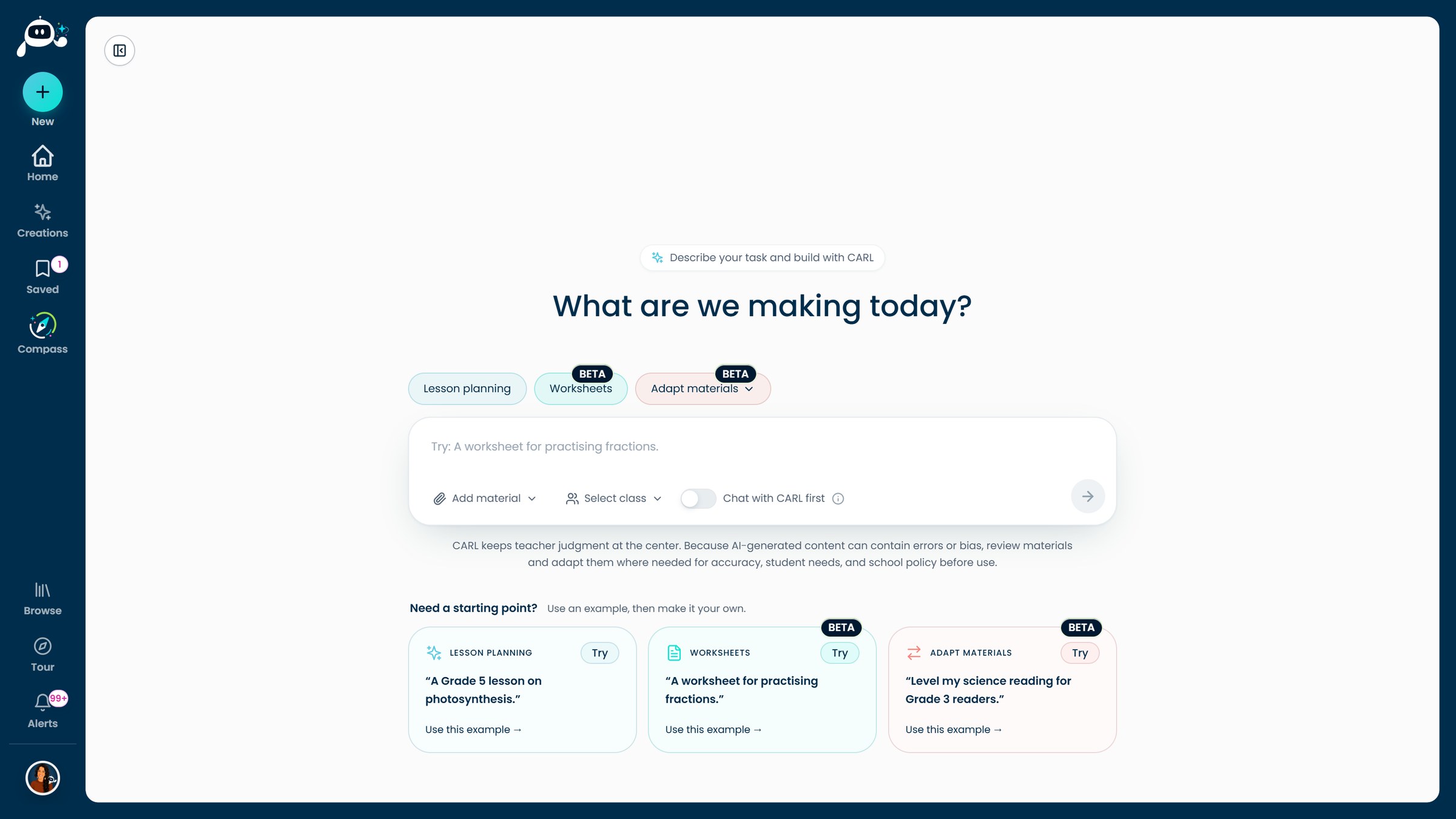 The Create page with Lesson planning, Worksheets and Adapt materials chips
