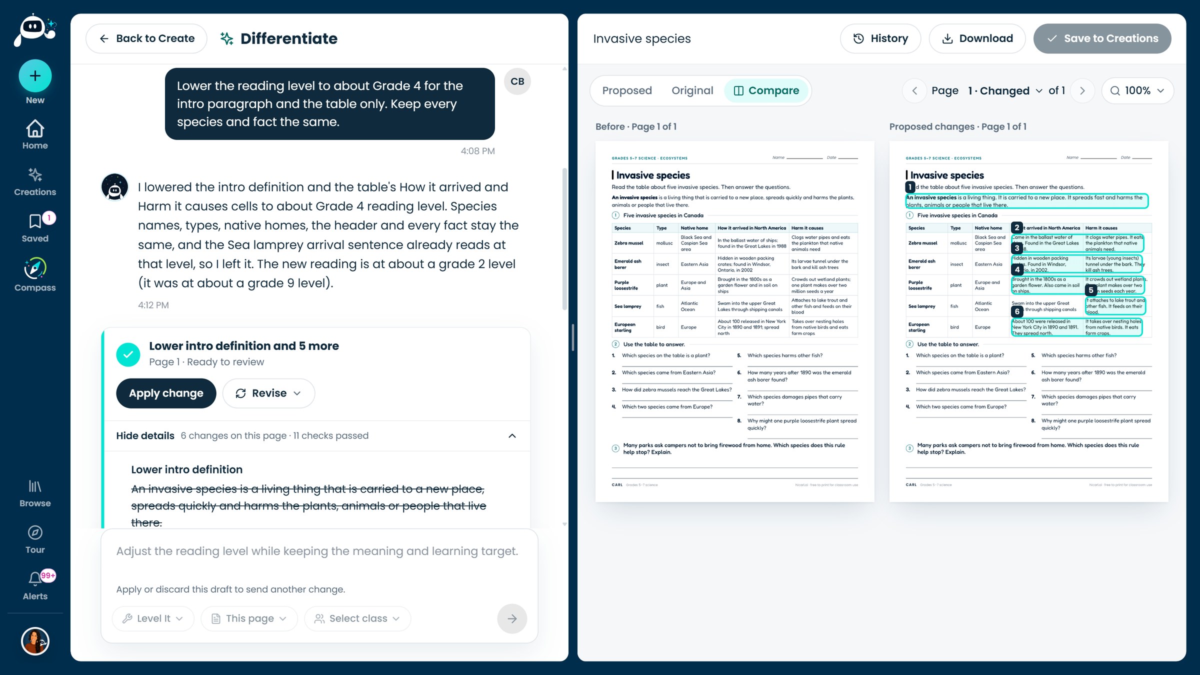 Before and after pages side by side with numbered changes