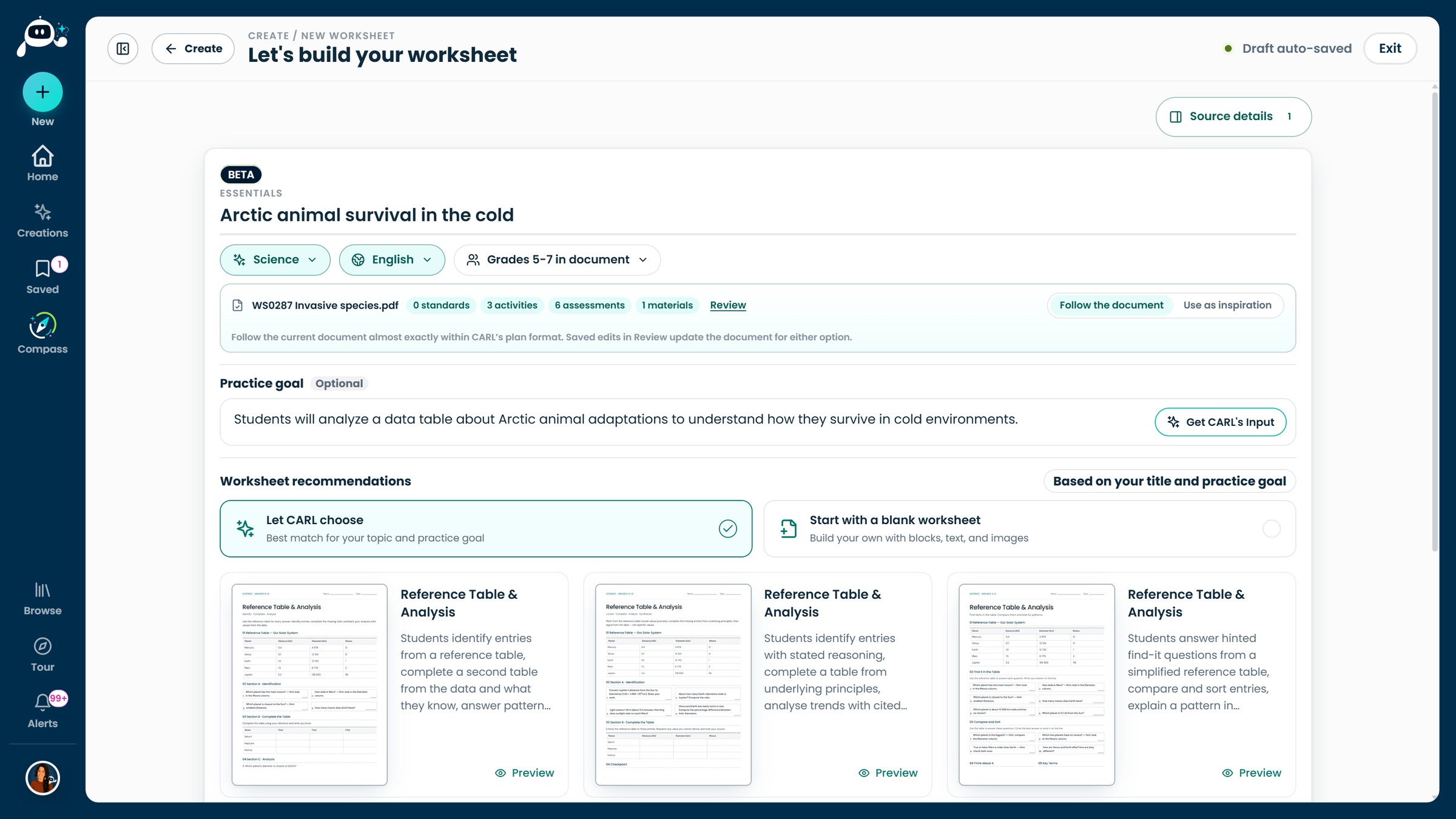 The worksheet setup screen after a PDF was added