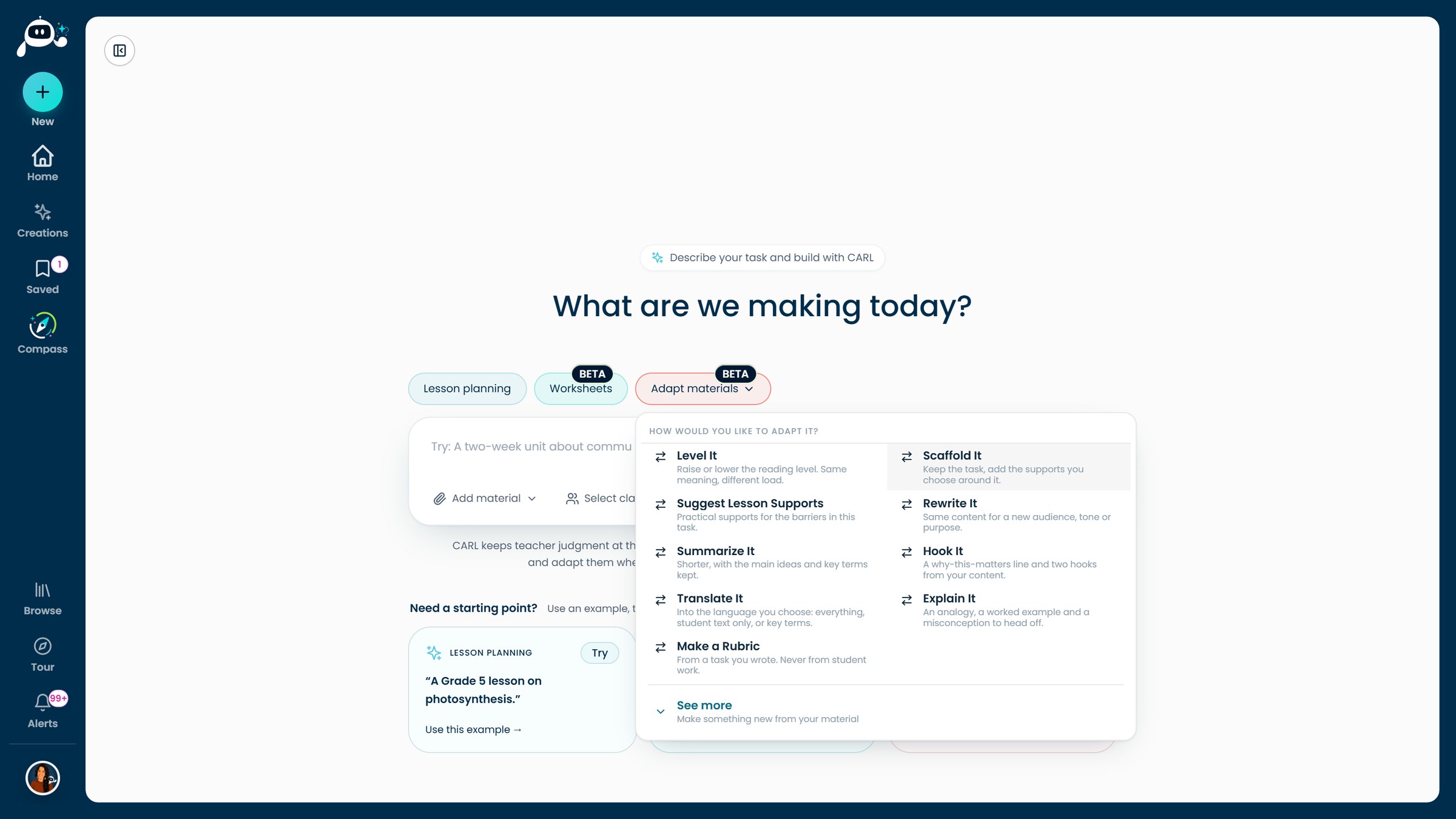 The Adapt materials menu listing the tools