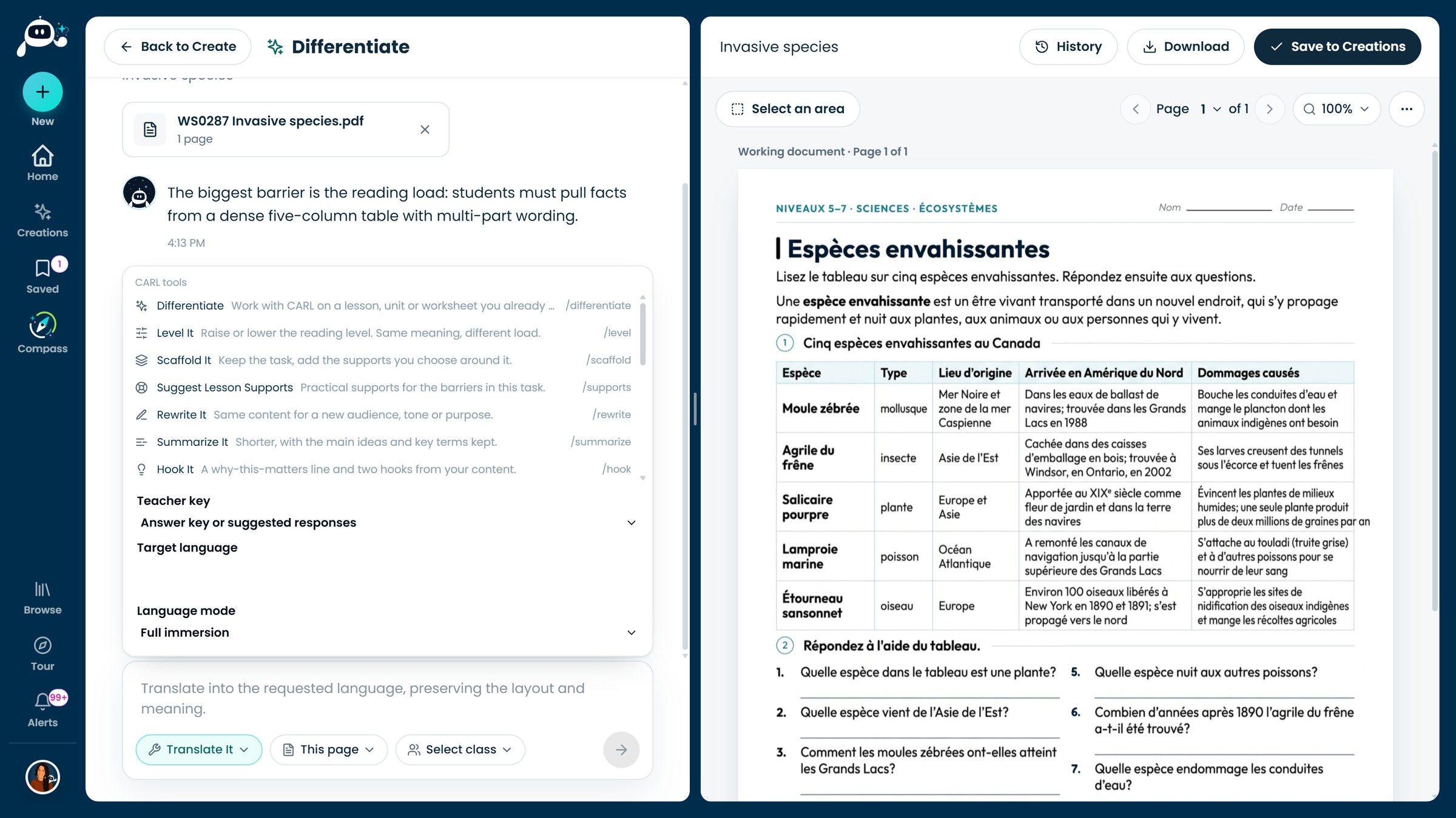 Translate It options beside the translated French worksheet