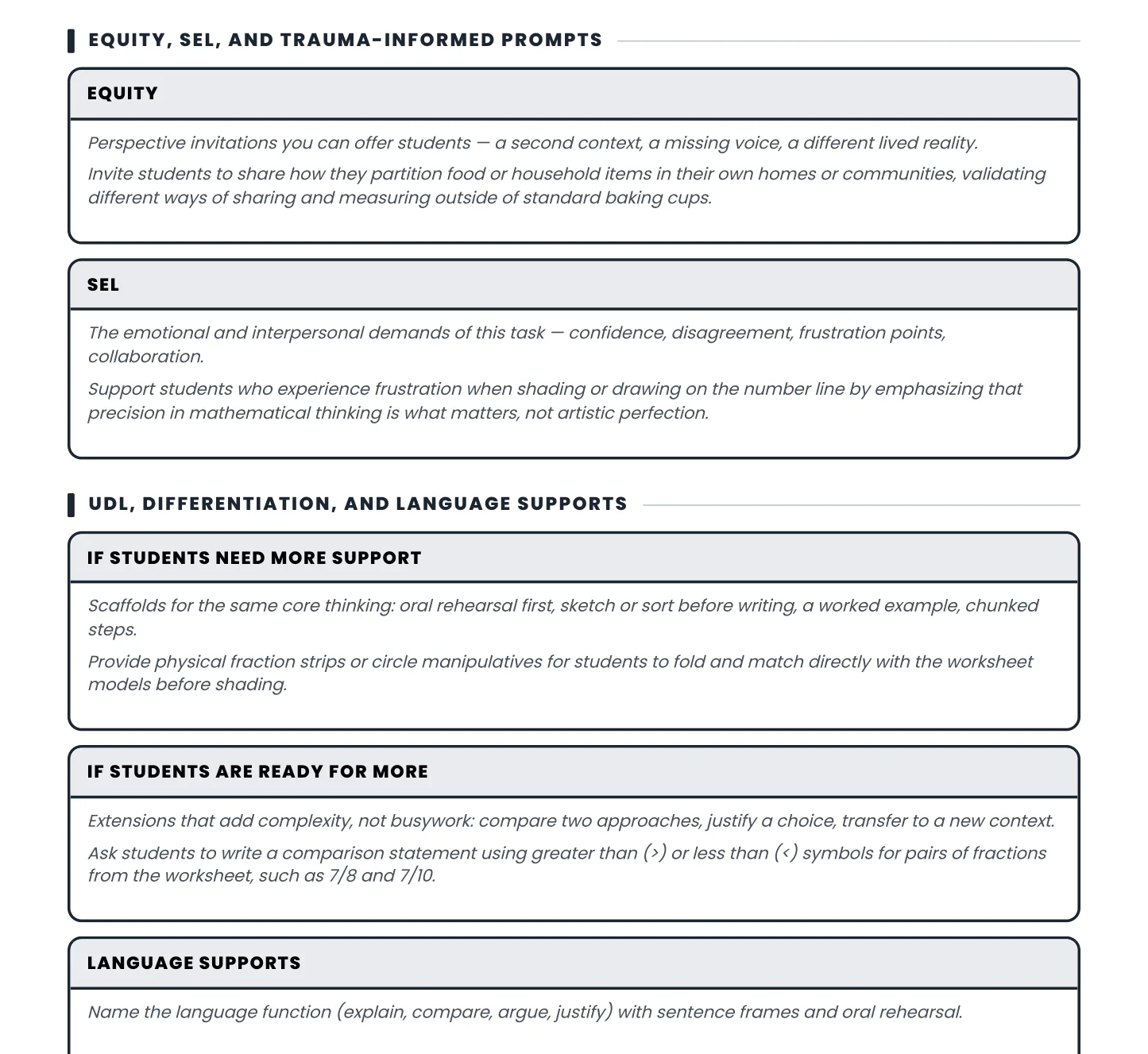 Page 5 of the Grade 5 fractions facilitator guide: equity and SEL prompts, then supports for students who need more support, students ready for more, and language supports