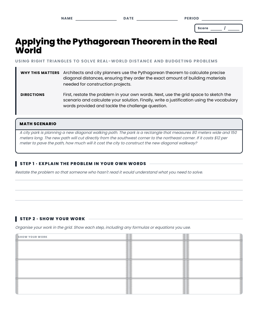 Applying the Pythagorean theorem worksheet preview