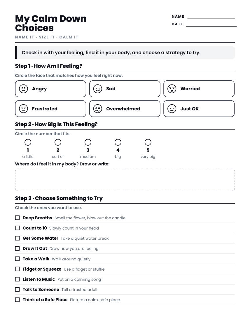 Free printable calm down choices self-regulation worksheet preview