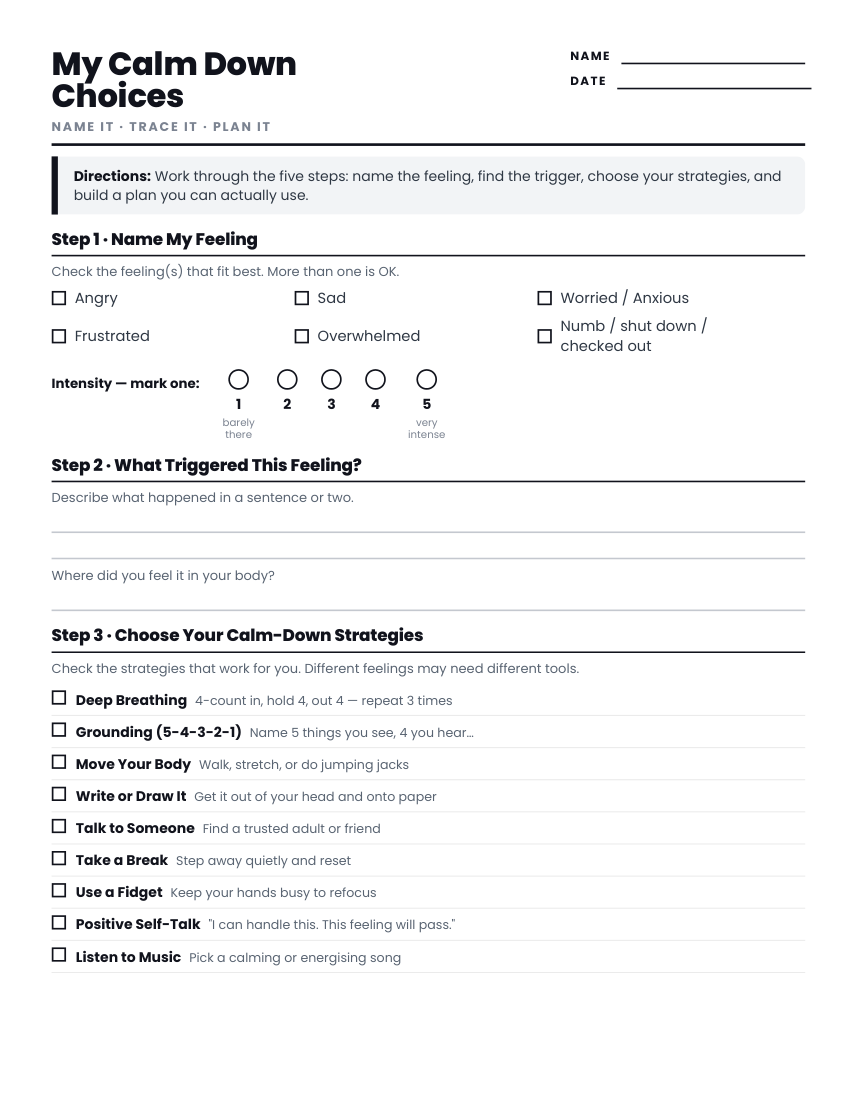 Grades 3-5 calm down choices worksheet preview