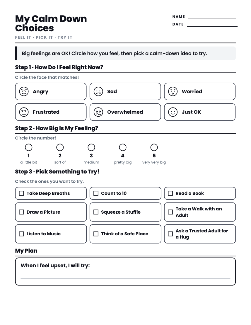 Kindergarten calm down choices worksheet preview