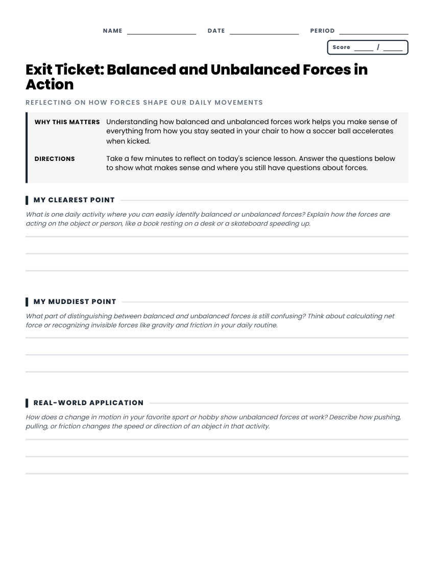 Balanced and unbalanced forces exit ticket preview