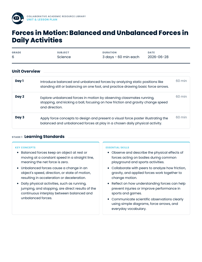 Forces in Motion Grade 6 science lesson set preview
