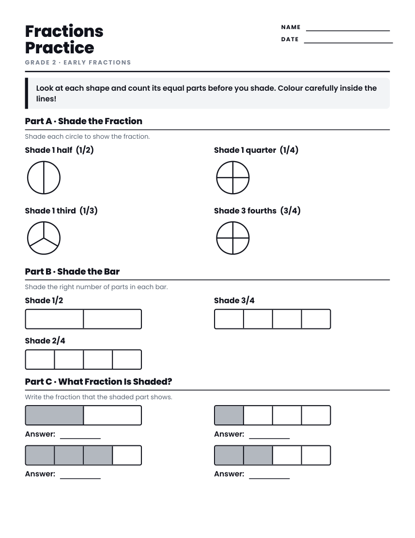 Grade 2 fractions worksheet preview