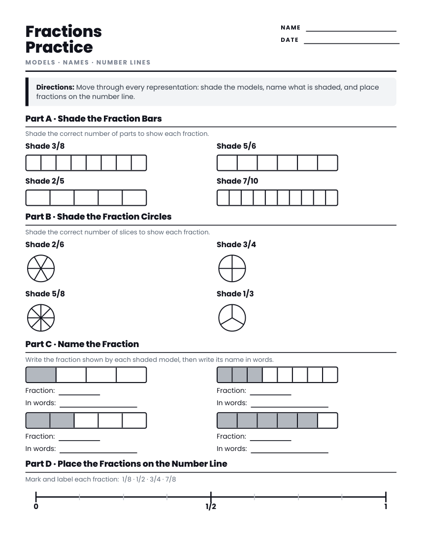 Free printable fractions worksheet preview