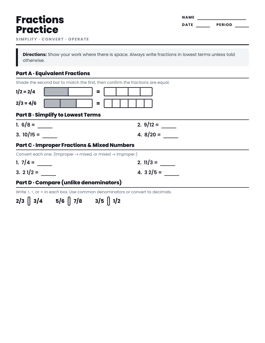 Grades 6-8 fractions worksheet preview