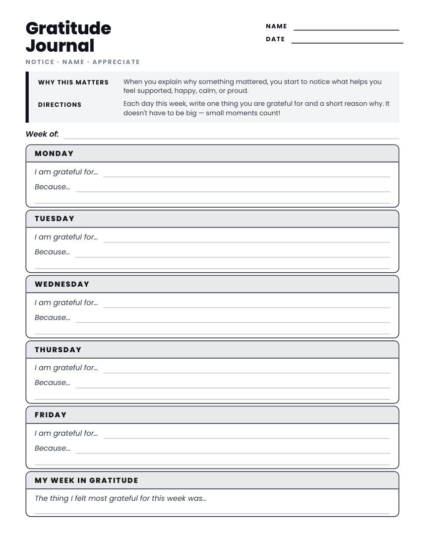 Grades 3-5 gratitude journal worksheet preview