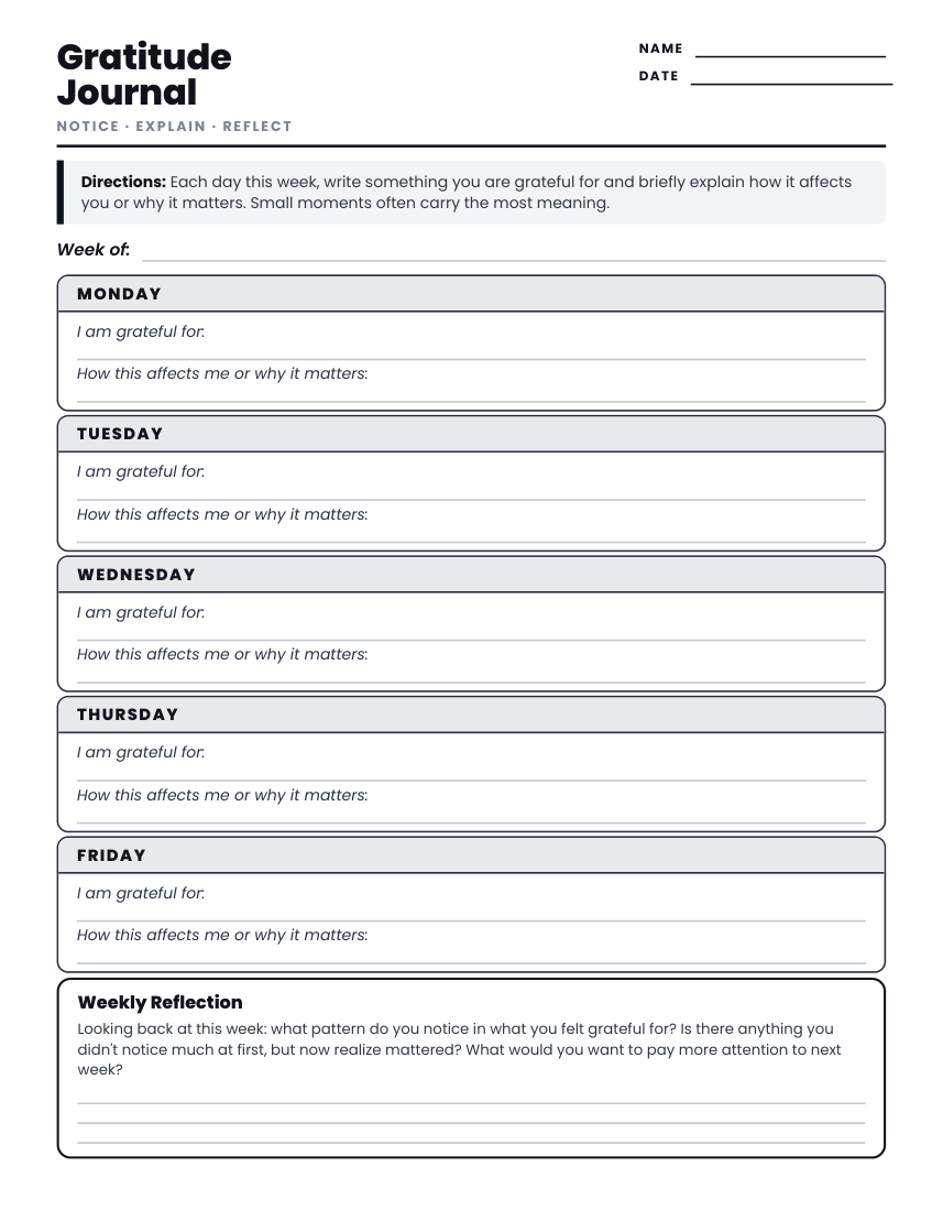 Grades 6-8 gratitude journal worksheet preview