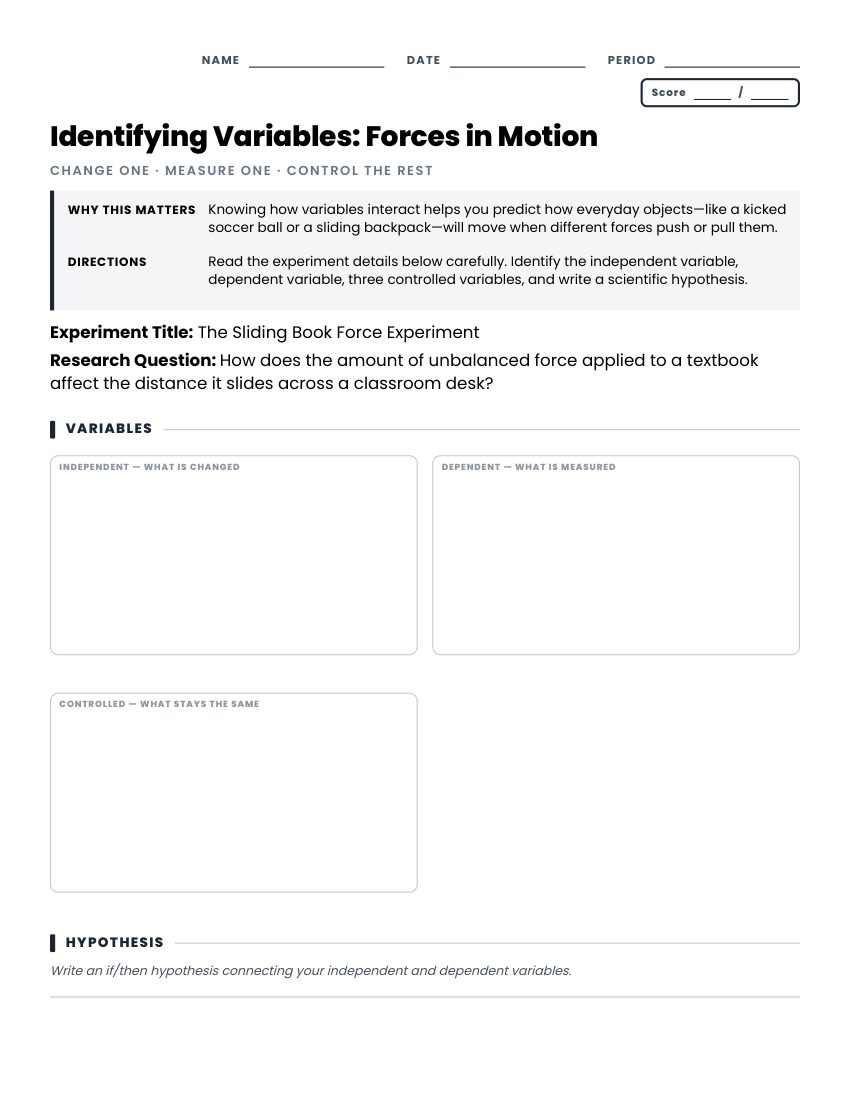 Identifying variables in forces investigations worksheet preview