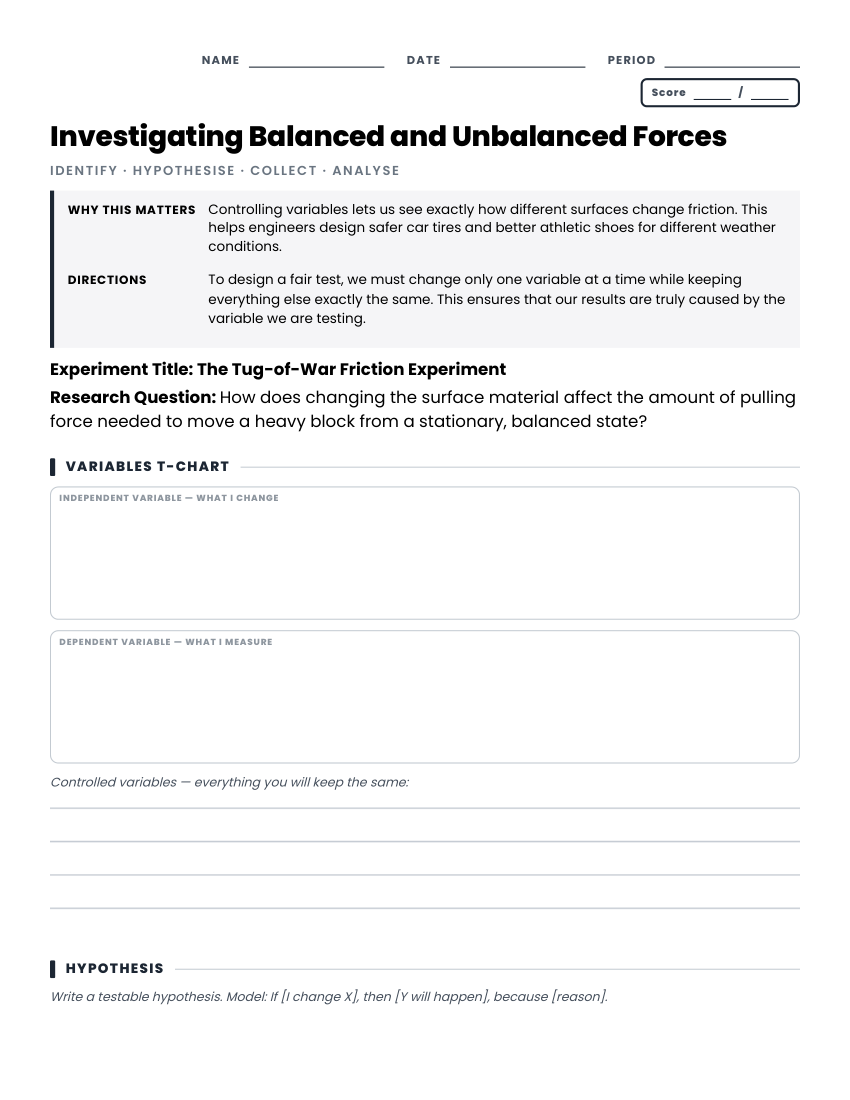 Investigating balanced and unbalanced forces worksheet preview