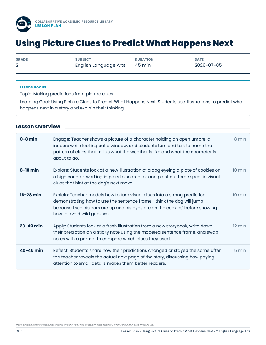 Picture Clues and prediction Grade 2 ELA lesson set preview