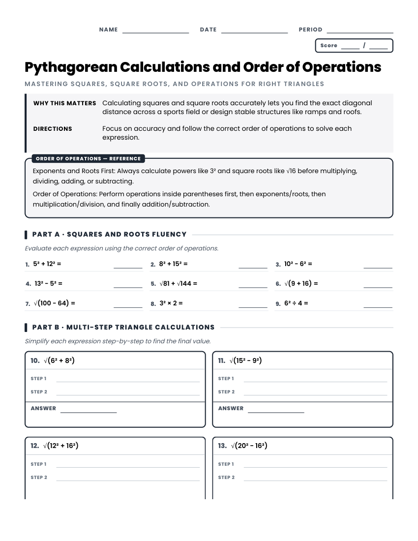 Pythagorean calculations and order of operations worksheet preview