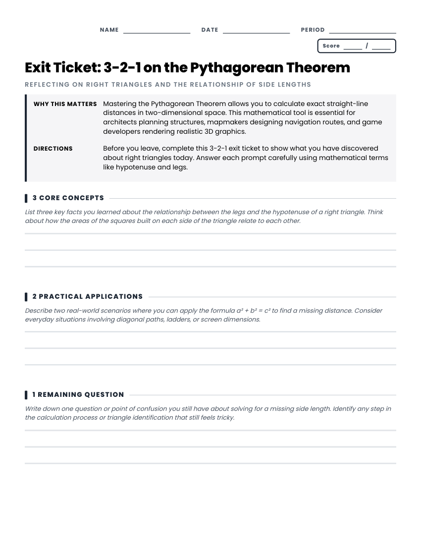Pythagorean theorem exit ticket preview