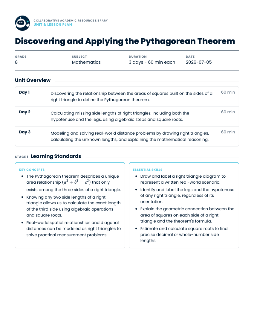 Pythagorean Theorem Grade 8 math lesson set preview