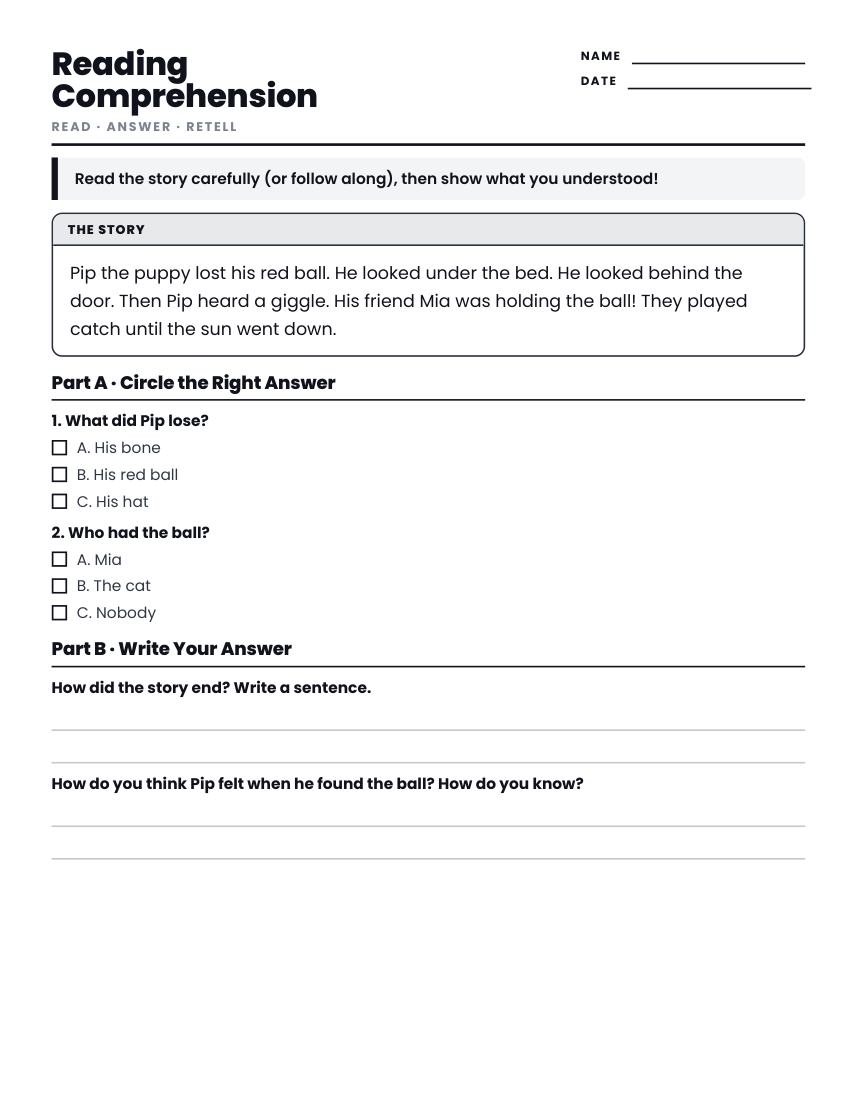 Free printable reading comprehension worksheet preview